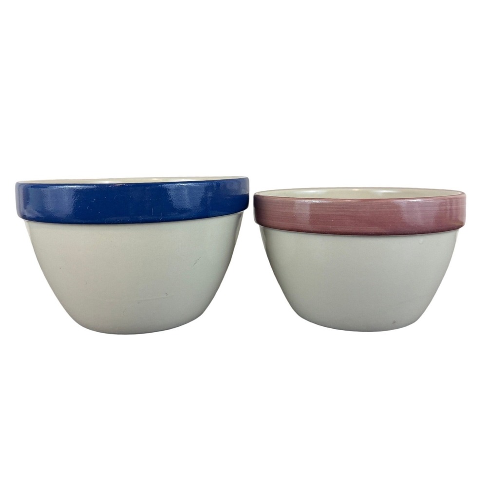 VTG Set TWO Over and Back Portugal Stoneware Nesting‎ Mixing Bowls Blue Red Trim